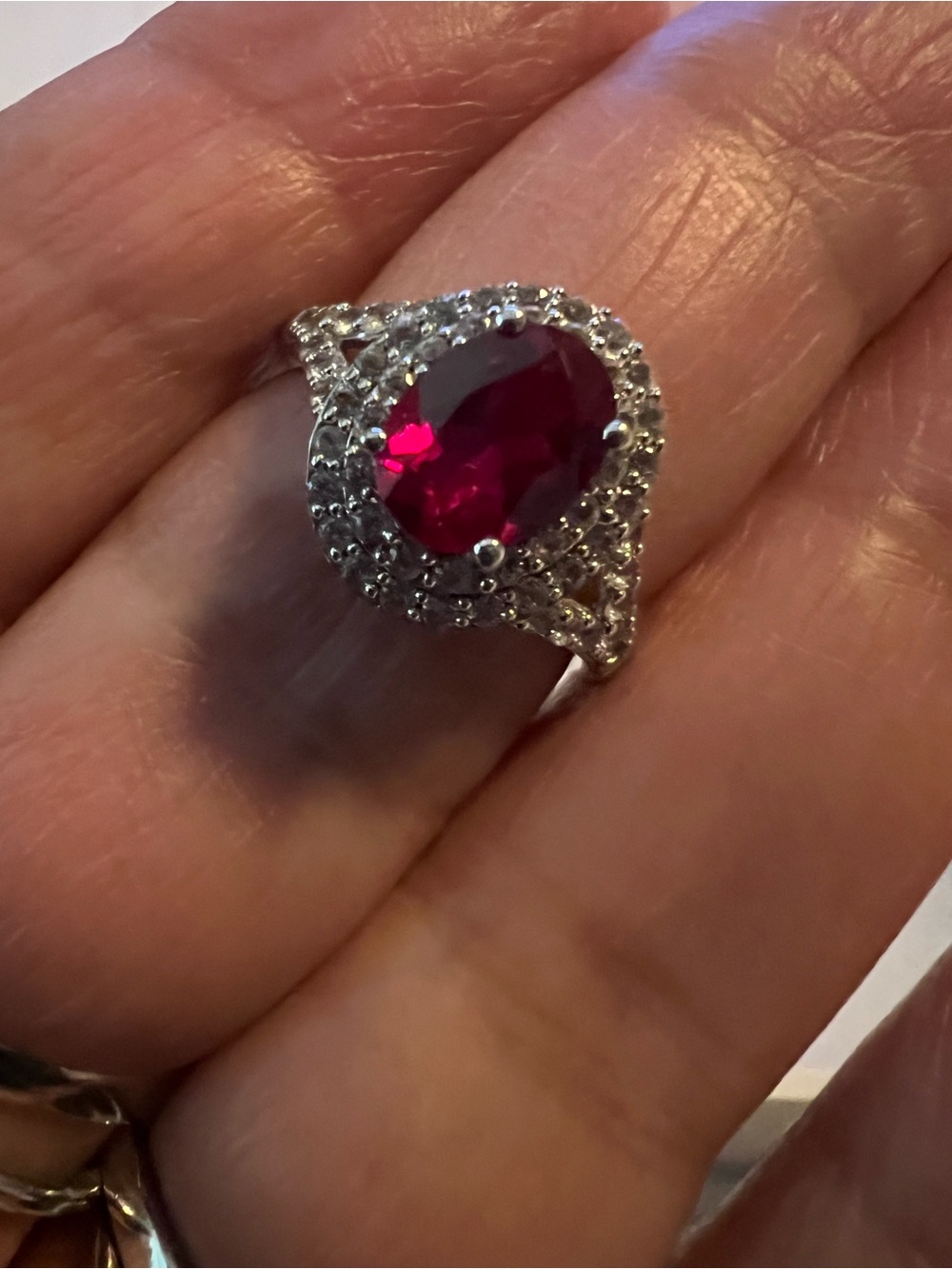 Vintage Estate SUN .925 Silver Lab Ruby & Genuine White Sapphire Halo Ring - Picture 3 of 9